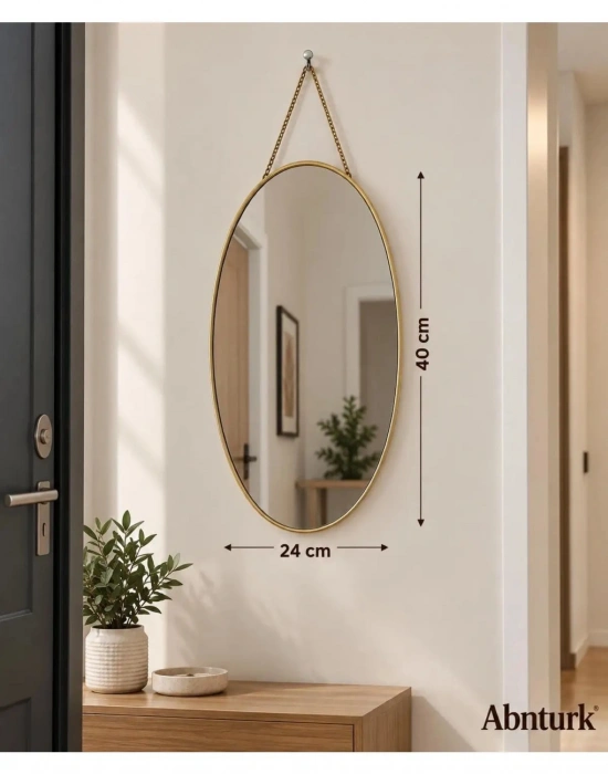 K. OVAL 40x24cm Dekoratif Duvar Aynası-Metal Çerçeveli Salon Mutfak Antre Banyo Aynası