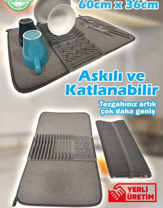 PM. Büyük Boy 36x60 cm Bulaşıklık Katlanabilir Matlı Mikrofiber Katlanır Bez Mat Tezgah Kurutma GRİ