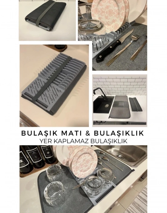 PM. Büyük Boy 36x60 cm Bulaşıklık Katlanabilir Matlı Mikrofiber Katlanır Bez Mat Tezgah Kurutma GRİ