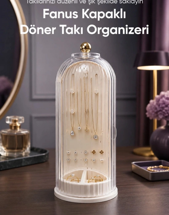 PM. Fanus Kapaklı Döner Takı Organizeri Çift Taraflı Şeffaf Küpe Kolye Yüzük Takı Düzenleyici Masaüstü Stand Takı organizer