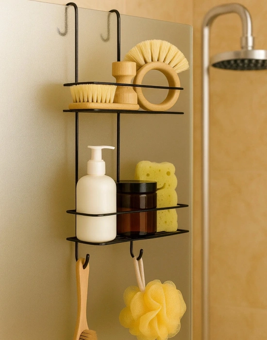 PM. 2 Katlı Askılı Banyo Rafı Duş Şampuanlık Duşakabin Havlu Askısı Duvar Düzenleyici Organizer SİYAH