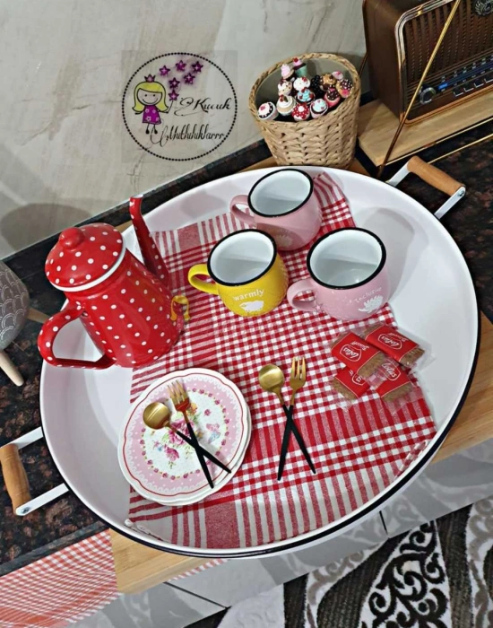 Ahşap Kulplu Country Tarzı Büyük Boy Beyaz Tepsi 51CM