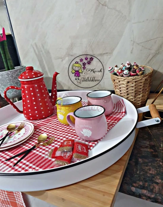 Ahşap Kulplu Country Tarzı Büyük Boy Beyaz Tepsi 51CM