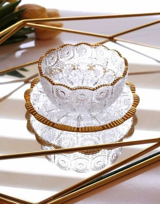 ALTIN YALDIZLI CAM 6LI TABAKLI KASE