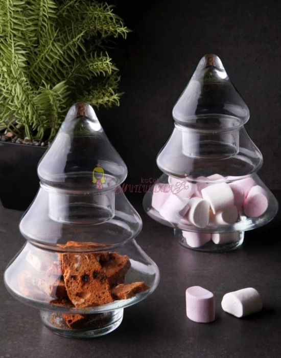 Çam Ağacı Şeklinde Kapaklı Cam Kurabiyelik & Şekerlik Drajelik