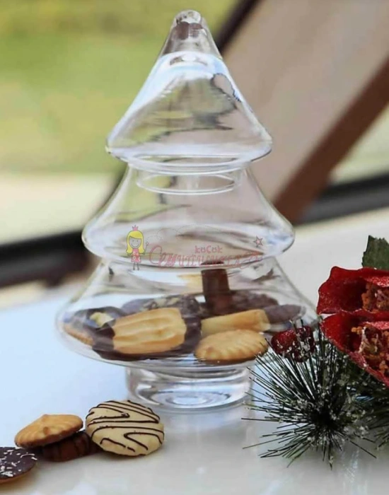 Çam Ağacı Şeklinde Kapaklı Cam Kurabiyelik & Şekerlik Drajelik