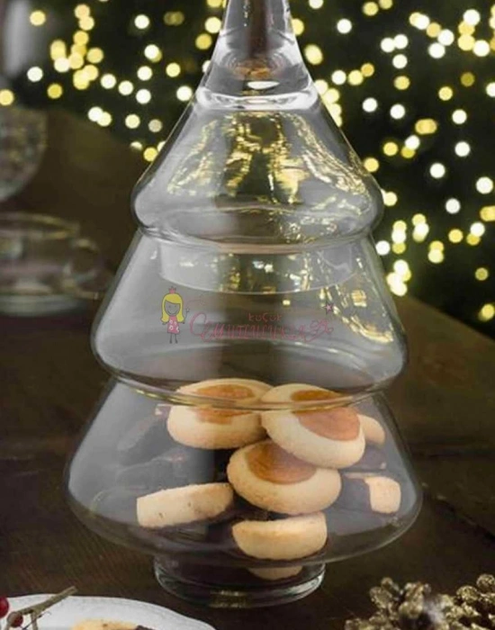 Çam Ağacı Şeklinde Kapaklı Cam Kurabiyelik & Şekerlik Drajelik