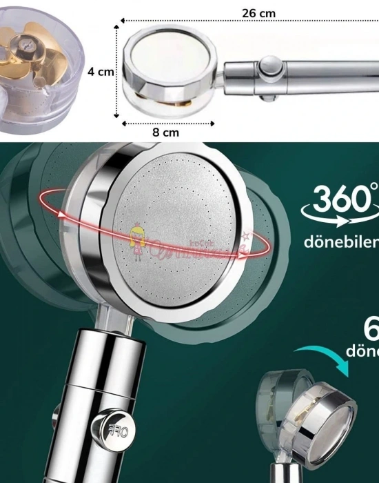 Duş Başlığı Turbo Pervaneli Serinletici Tasarım Start Stop Tuşu Duş Başlığı 360 Derece Döner
