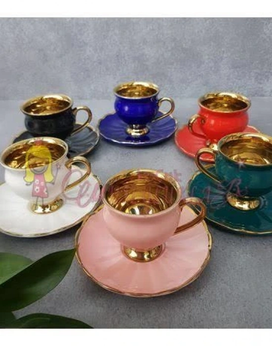 Gold Detaylı Renkli Lux Kahve Fincani