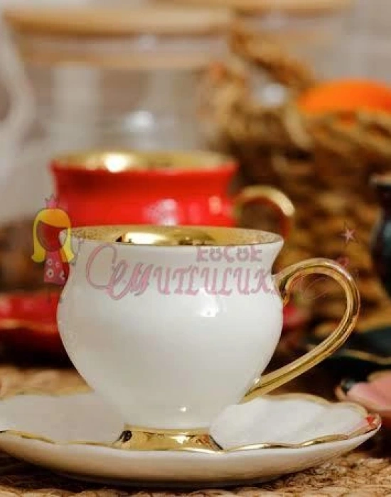 Gold Detaylı Renkli Lux Kahve Fincani