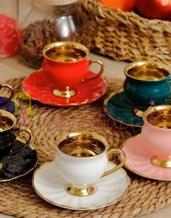 Gold Detaylı Renkli Lux Kahve Fincani