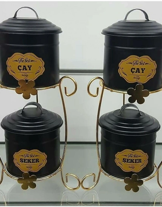 GOLD RENK STANDLI LÜX METAL ÇAY ŞEKER KAVANOZ SETİ