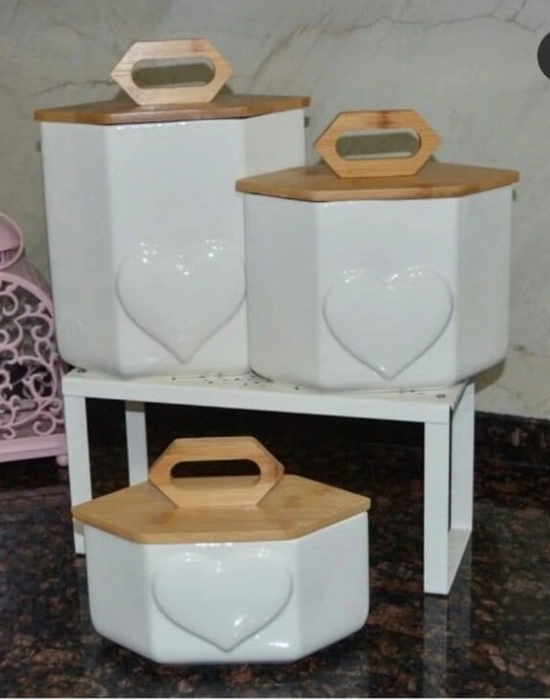 KALP DETAY BAMBU KAPAK 3LÜ PORSELEN KAVANOZ