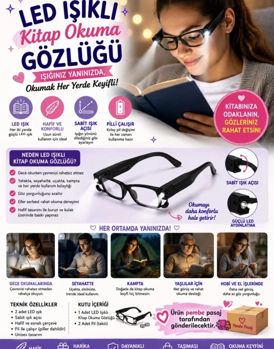 KK. LED Işıklı Kitap Okuma Gözlüğü, Renkli Çerçeve, Çift LED Ayrı Ayrı Eller Serbest Aydınlatma