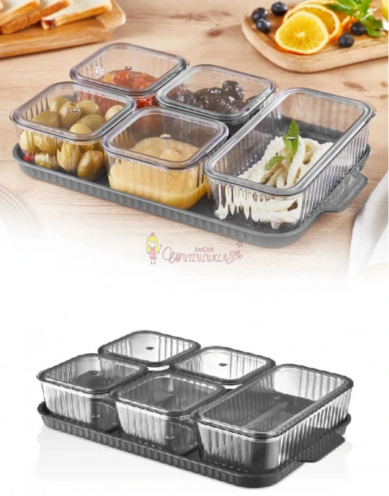 Lüx 5 Bölmeli Tepsili Antrasit ve Sefaf  Kristal Kahvaltılık Saklama Kabı