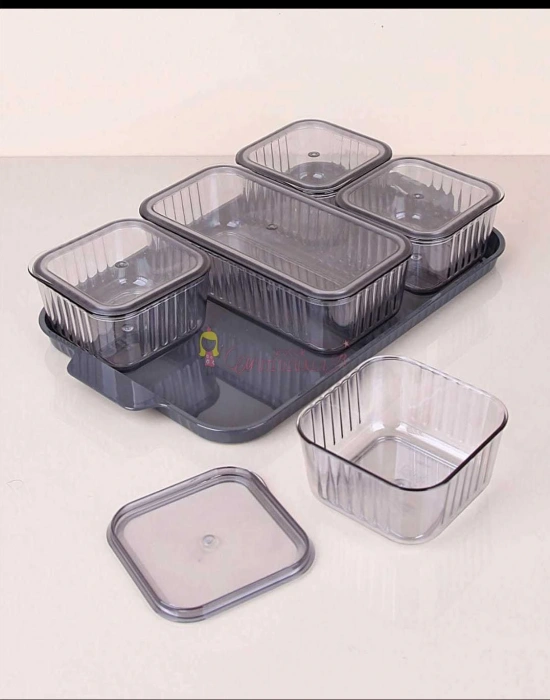 Lüx 5 Bölmeli Tepsili Antrasit ve Sefaf  Kristal Kahvaltılık Saklama Kabı