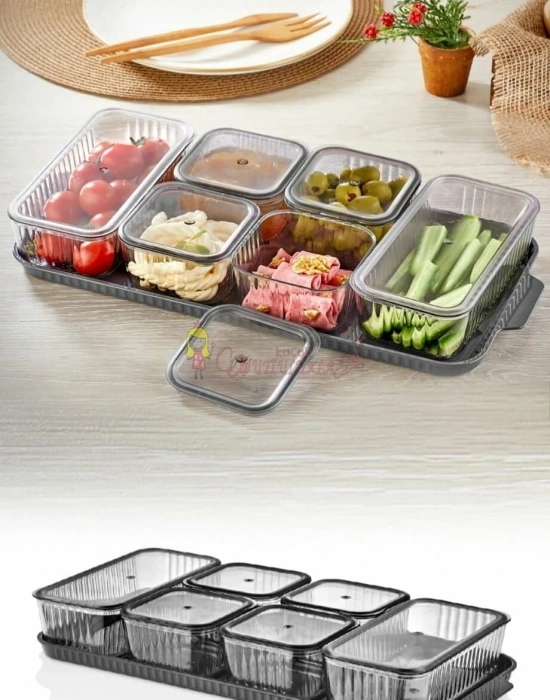 Lüx 6 Bölmeli Tepsili Antrasit ve Sefaf Kristal Kahvaltılık Saklama Kabı