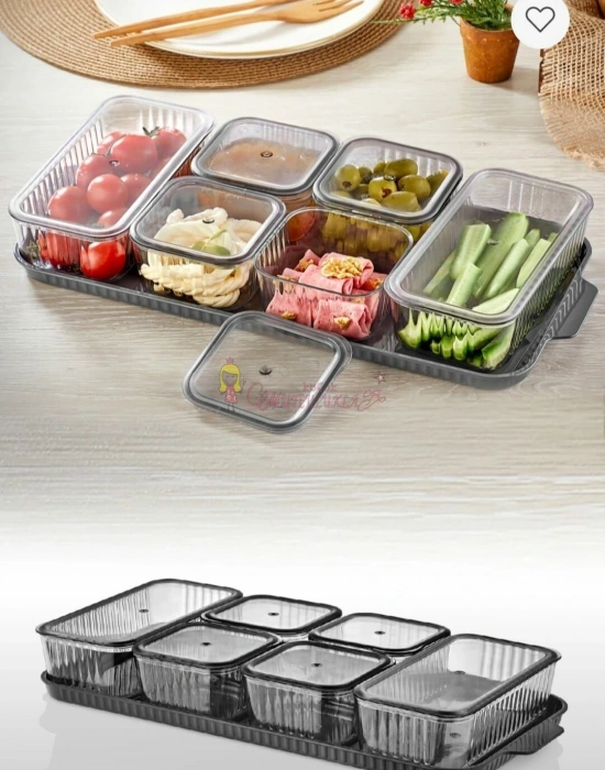 Lüx 6 Bölmeli Tepsili Antrasit ve Sefaf Kristal Kahvaltılık Saklama Kabı