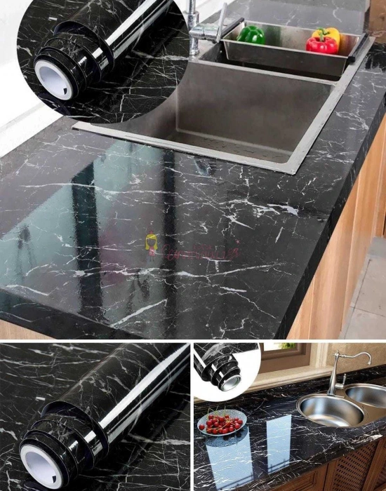 Mermer Desenli Yapışkanlı Kaplama Kağıdı Siyah