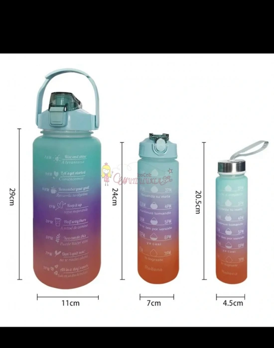 Motivasyonel 3lü Set Su Matarası Su Şişesi Suluk 2lt+900ml+500ml Tritan Spor Salonu Su Şişesi Suluk