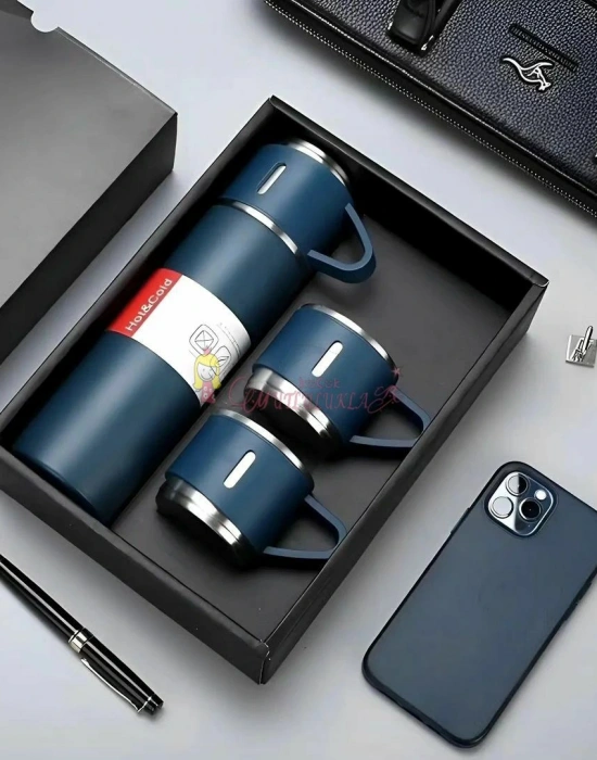 Paslanmaz Çelik Termos Renk 3 Bardaklı Termos Seti Vakumlu Termos Set Çanta Hediyeli