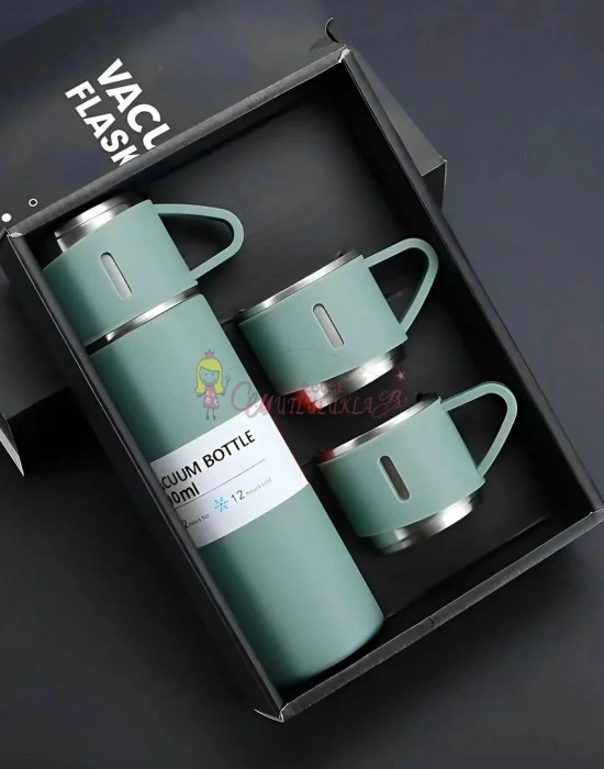 Paslanmaz Çelik Termos Renk 3 Bardaklı Termos Seti Vakumlu Termos Set Çanta Hediyeli