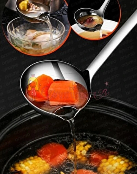 Paslanmaz Yağ Ayırıcı Çorba Kepçesi Sıvı Ve Katı Yemek Ayırıcı Hazneli Uzun Saplı Kepçe