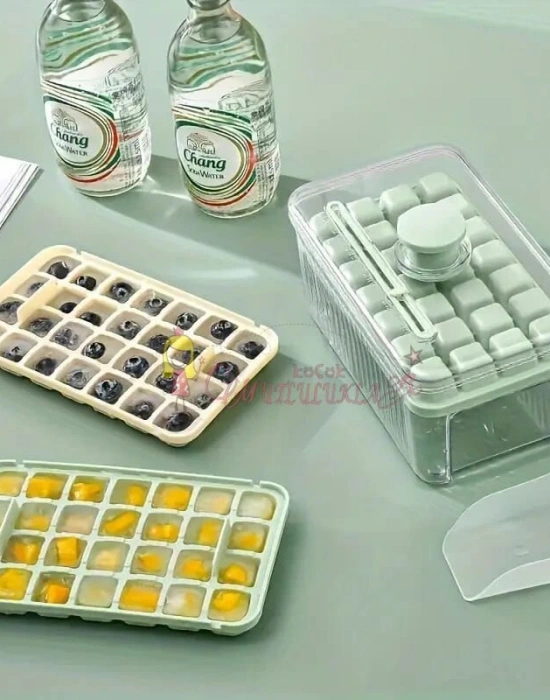 Yeni Nesil Basmalı Çift Buz Kalıbı Buzluk  Kapaklı Saklama Kutulu 56 Bölmeli Hazneli Buz Küpü Buz kalibi