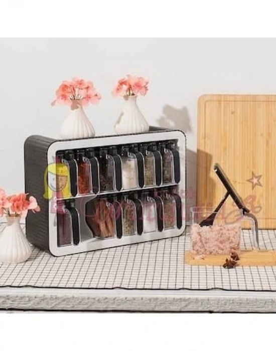 ﻿12 li Standlı Kendinden Yapışkanlı Kaşıklı Kapaklı Baharatlık Takımı ( siyah )