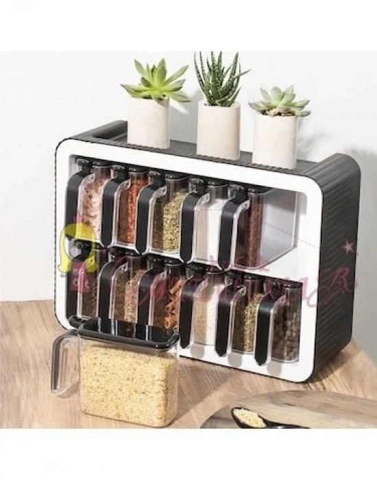 ﻿12 li Standlı Kendinden Yapışkanlı Kaşıklı Kapaklı Baharatlık Takımı ( siyah )