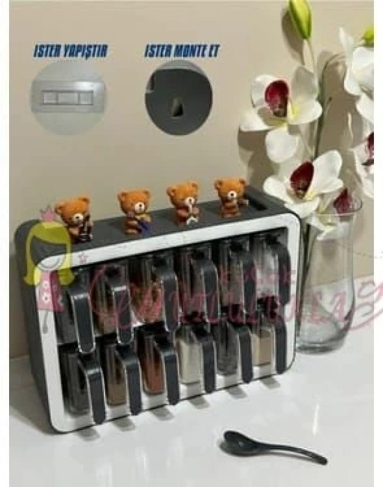 ﻿12 li Standlı Kendinden Yapışkanlı Kaşıklı Kapaklı Baharatlık Takımı ( siyah )