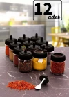 12 Adet Kapağı Kendinden Kaşıklı 200 Ml Cam Baharatlık Seti Siyah