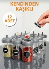 12 Adet Kendinden Kaşıklı Cam Baharat Seti 300 ml (Baharat Etiketli  Hediyeli ) FÜME