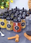 12 Adet Kendinden Kaşıklı Cam Baharat Seti 300 ml (Baharat Etiketli  Hediyeli )  (SIYAH)