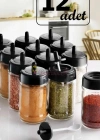 12 Adet Kendinden Kaşıklı Cam Baharat Seti 300 ml (Baharat Etiketli  Hediyeli )  (SIYAH)