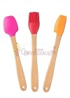 3lü Renkli Bambu Saplı Silikon Uçlu Spatula Fırçalı Kaşık Seti