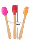 3lü Renkli Bambu Saplı Silikon Uçlu Spatula Fırçalı Kaşık Seti
