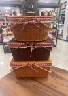 Ç. Açık Renk Kare Rattan Hasır Piknik Sepeti Vintage Sepet