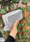BS. GRİ Peluş Çift Gözlü Bölmeli Okul İçin Ponponlu Çok Amaçlı Organizer Kalemlik Kalem Kutusu