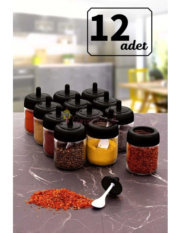 12 Adet Kapağı Kendinden Kaşıklı 200 Ml Cam Baharatlık Seti Siyah