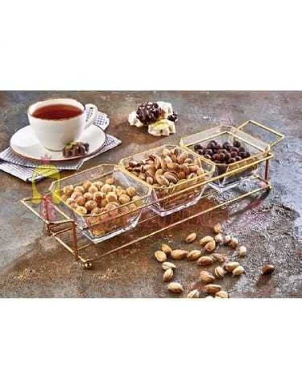 3 Bölmeli Gold Standlı Cam Kahvaltılık Çerezlik