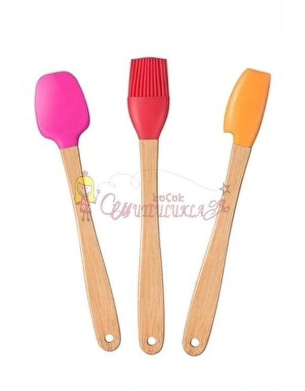 3lü Renkli Bambu Saplı Silikon Uçlu Spatula Fırçalı Kaşık Seti