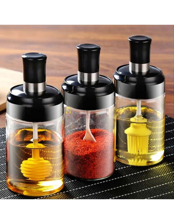 3lü Trend Silikon Fırçalı Yağlık Kaşıklı Cam Baharatlık Kaşıklı Bal Kavanozu