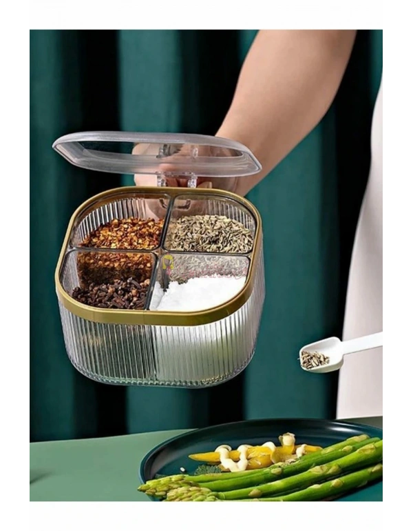 4 Bölmeli Gold Detaylı Kaşıklı Baharatlık Kapaklı