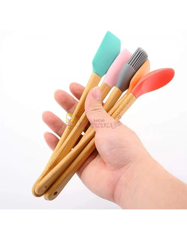 5 Parça Silikon Spatula Kaşık Fırça Seti - Bambu Saplı