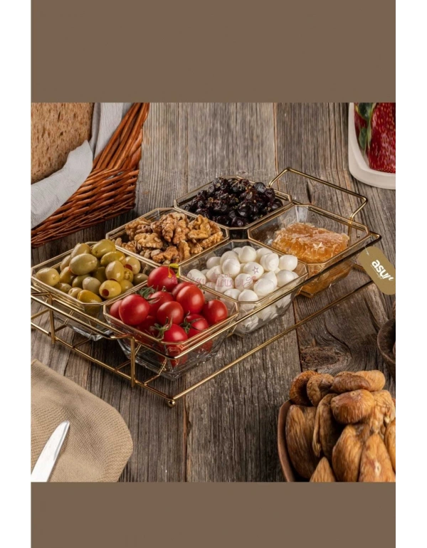 6 Bölmeli Gold Standlı Cam Kahvaltılık Çerezlik Sunumluk