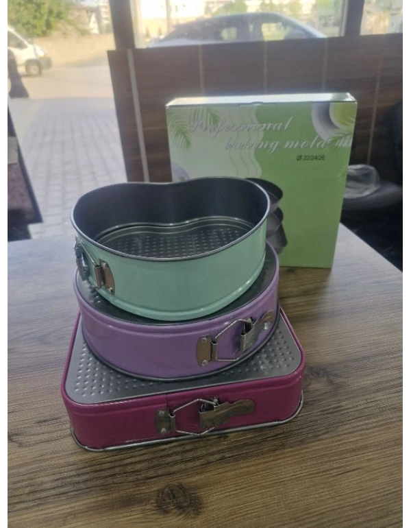 3Lü Set Kelepçeli Kek Kalıbı Kalp Yuvarlak Kare