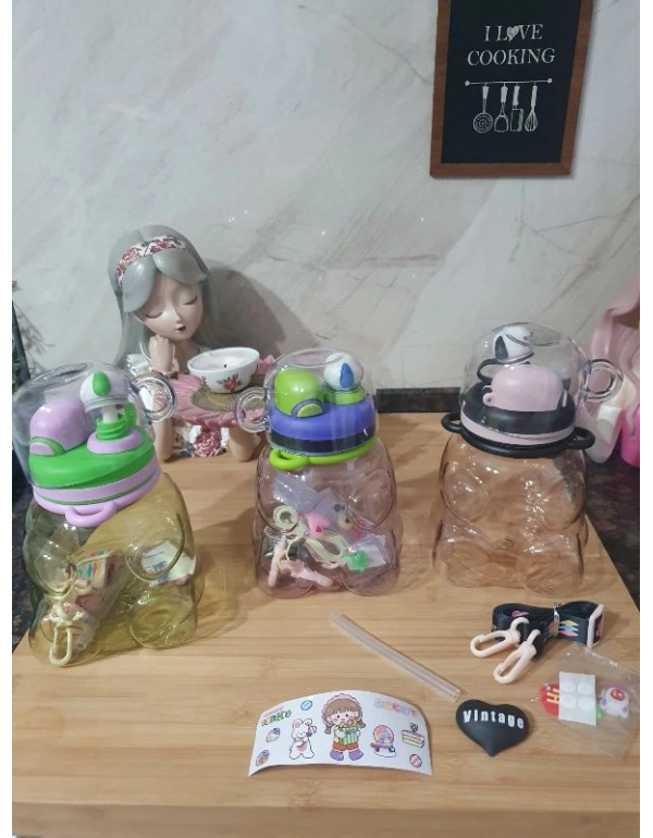 Bardaklı Çift Ağızlı Şeffaf Ayıcık Matara 1100 Ml