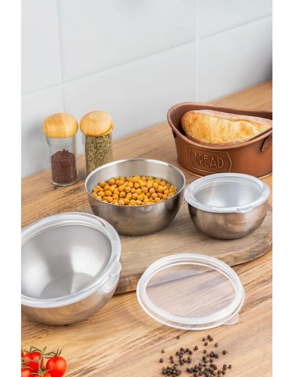 3Lü Şeffaf Sızdırmaz Kapaklı Paslanmaz Çelik Saklama Kabı 12-14-16 Cm