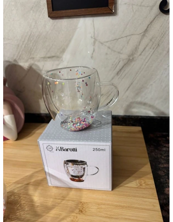 Çift Cidarlı Kulplu Süslü Cam Bardak